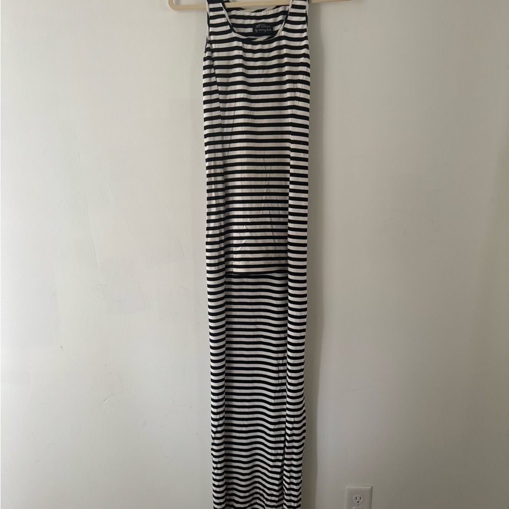 Torn by Ronny Kobo Black and White Striped Hi-Low Dress S